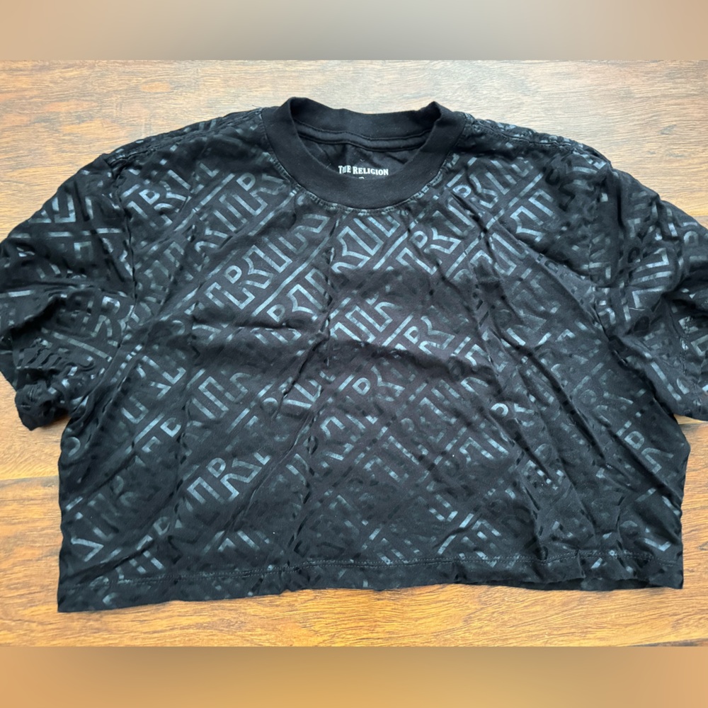 Black metallic logo crop top